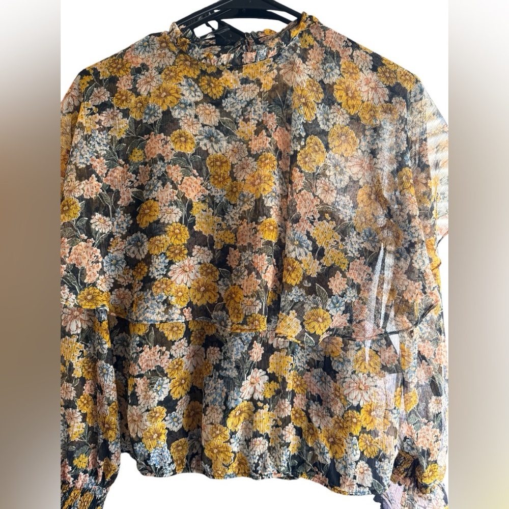 Zara yellow floral flutter long sleeve blouse Size XS. Sheer fabric.